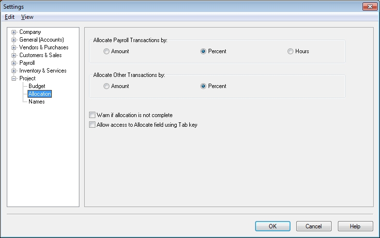 Project Allocation settings in Settings window